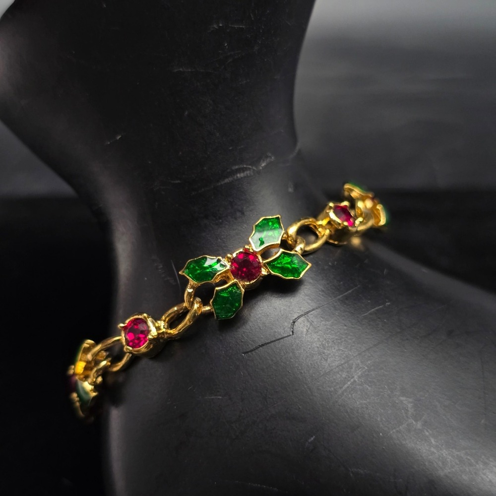 Christmas Holly Berry Bracelet Enamel Rhinestone Red Green 1990s Costume Jewelry